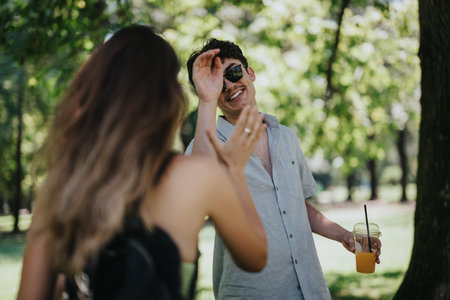 Young people enjoying a sunny day in the park with laughter and refreshing drinks