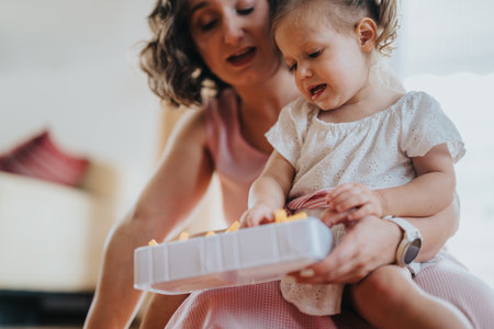 Mother and daughter bonding at home while playing with a toy