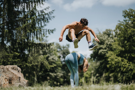 Man jumping over woman in outdoor fitness workout in a park