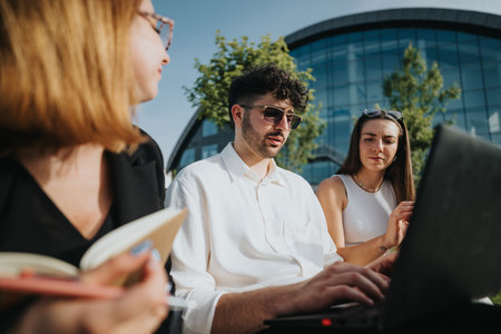 Business team discussing project strategies with technology in an outdoor urban meeting