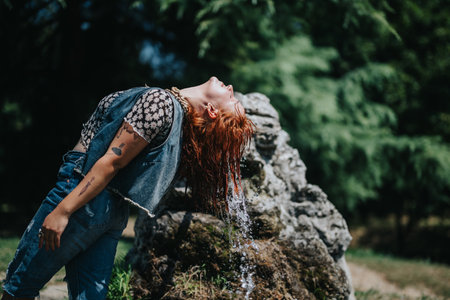 Joyful young woman enjoying water splash in park on a sunny day