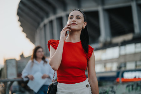 Confident businesswoman in a red top talking on the phone outdoors in urban setting