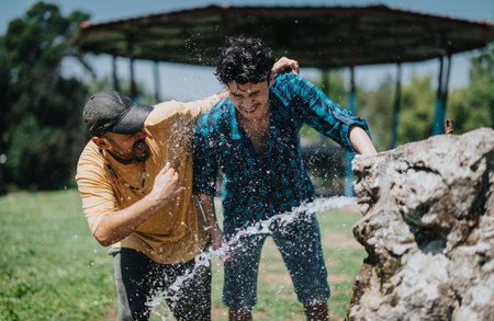 Friends having fun at park playing with water on a sunny dayの写真素材