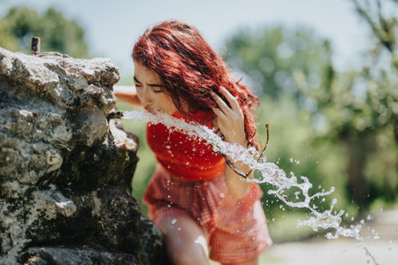 Young woman drinking from water fountain in park on a sunny dayの写真素材