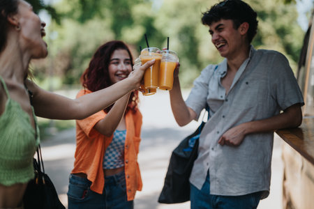 Friends buying drinks from a drink truck in the park enjoying a sunny dayの写真素材