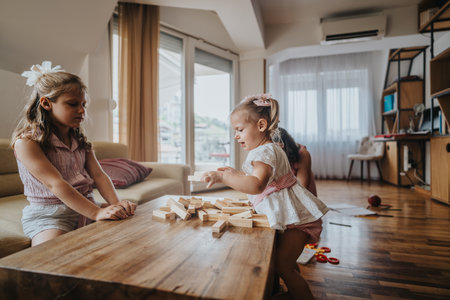 Mother and daughters playing with wooden blocks in cozy living roomの写真素材