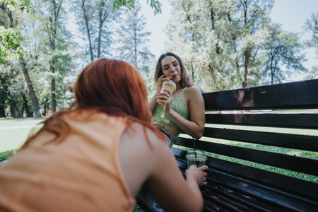 Young adults enjoying a sunny day in the park with drinks and relaxationの写真素材