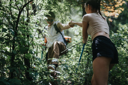 Two friends hiking in the forest, helping each other through dense foliageの写真素材