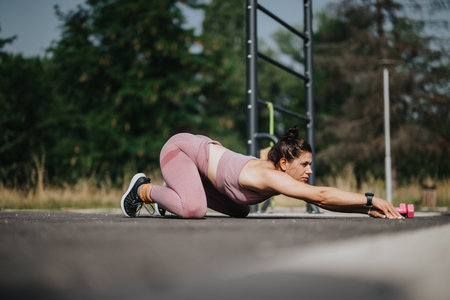 Woman doing calisthenics workout in the park on a sunny dayの写真素材