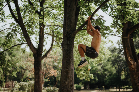 Shirtless man climbing a tree in park for workout, outdoor fitness exercise