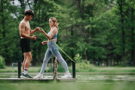 Young couple exercising with resistance bands outdoors for arms and back musclesの写真素材