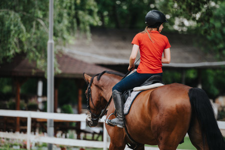 Girl in red shirt riding a horse in a scenic outdoor settingの写真素材