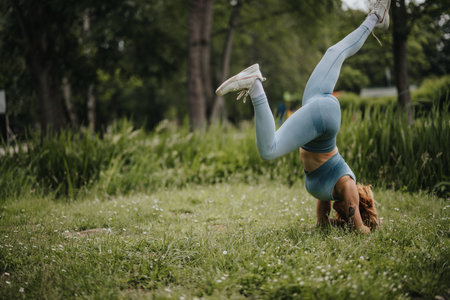 Fit couple practicing handstand during outdoor workout in the park
