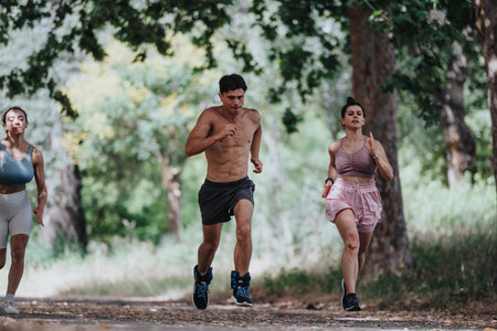 Group of young adults running in the park for fitness and exercise
