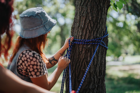 Friends setting up a hammock in a park on a sunny dayの写真素材