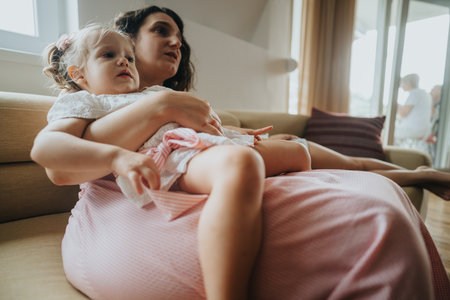 Young mother with little daughter relaxing on the couch at home