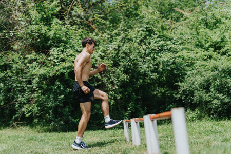 Fit man exercising outdoors in nature with green foliage background