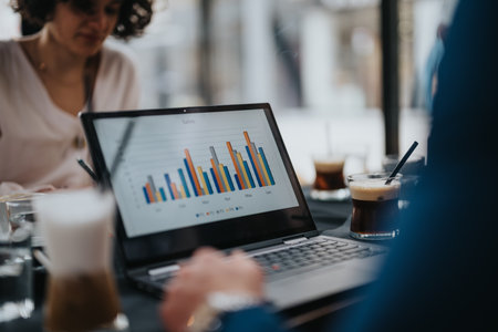 Office meeting with sales chart on laptop screen and coffee on desk