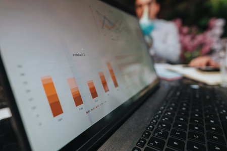 Close-up of laptop screen displaying business analytics chartの写真素材