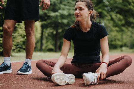 Young woman stretching on a track field with a male companion nearby in a quiet, forested area