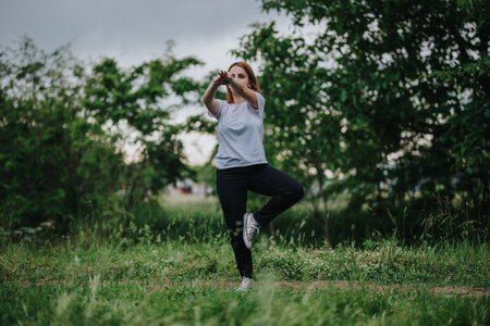 Woman practicing yoga outdoors in a serene green park settingの写真素材
