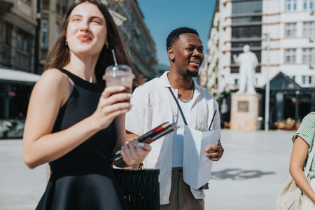 Young friends enjoying a summer day in the city, smiling and having funの写真素材