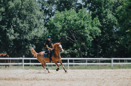 Young equestrian riding horse at outdoor training arena on a sunny dayの写真素材