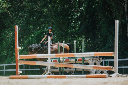 Equestrian riding a horse over a jump in an outdoor arena with lush green backgroundの写真素材