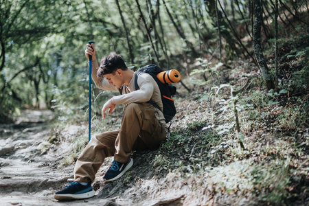 Young hiker resting with trekking pole on a wooded trailの写真素材