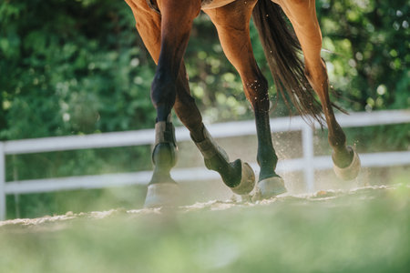 Close-up of horse hooves kicking up dust while riding in an outdoor arena