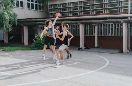 Friends enthusiastically playing basketball in a neighborhood court, enjoying competitive sport and camaraderie in an urban setting, showcasing energy and youthful spirit on a sunny day.の写真素材