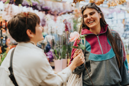 Happy lesbian couple enjoying a warm moment together at a vibrant flower marketの写真素材