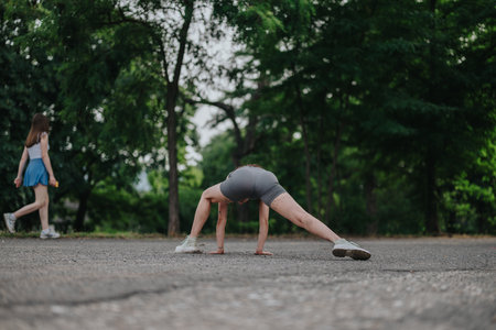 Young girl gracefully dancing in a lush green park, showcasing athleticism and joy amidst nature and tranquility on a sunny day.の写真素材