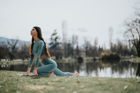 Young woman practicing yoga in a tranquil park setting by the lake