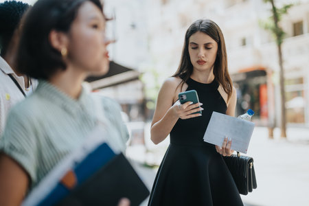 Businesspeople walking outdoors while checking phone and holding documentsの写真素材