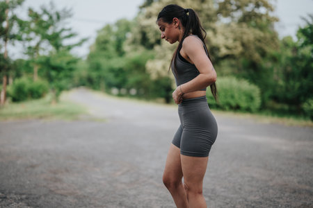 Young woman energetically in a lush park, surrounded by vibrant greenery, enjoying movement and freedom during a joyful workout session outdoors in nature.の写真素材