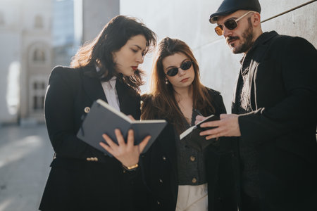 A group of young business people engaged in a discussion, holding a tablet and working together on a project in an urban setting.の写真素材