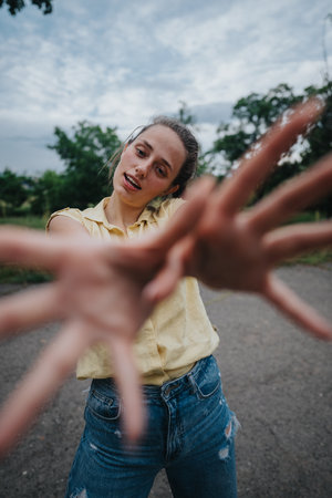 Young woman playfully reaching out towards the camera outdoors in a casual outfitの写真素材