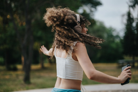 Joyful young girl dancing outdoors with headphones in a parkの写真素材