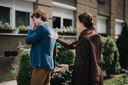 Businessman in distress leaving for work with woman trying to stop himの写真素材