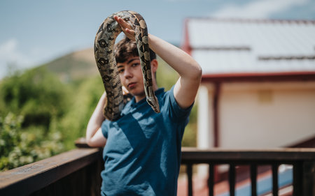 Young girl interacting with a pet snake outdoors on a sunny dayの写真素材