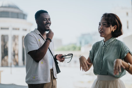 Multicultural businesspeople in an outdoor meeting at the city, mixed race individuals discussing businessの写真素材