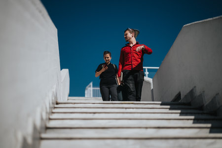 Two young professionals walking down stairs outside in city under blue sky