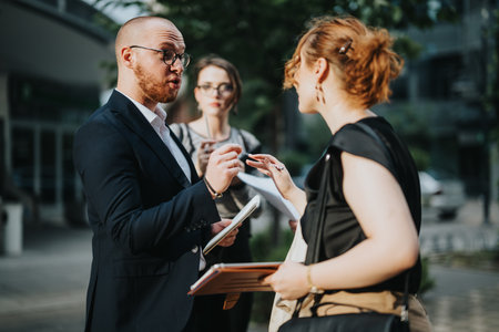 Business professionals having a discussion outside modern office buildingの写真素材