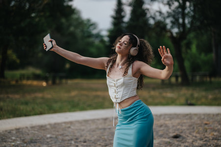 Girl dancing in a green park, enjoying the freedom of modern dance movements with headphones on, surrounded by natureの写真素材