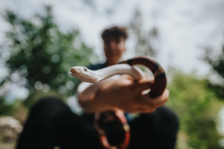 Young girl interacting with a snake in a natural settingの写真素材