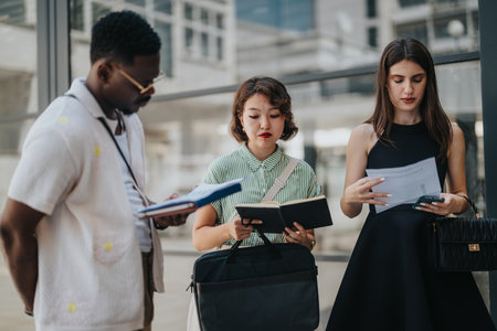 Mixed race business partners discussing financial statistics and strategies for market growthの写真素材