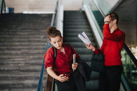 Business professionals using smart phones on an escalator in the cityの写真素材