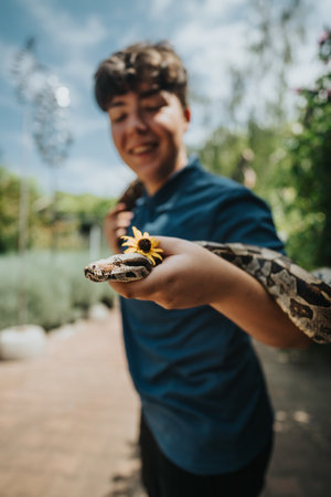 Smiling girl in garden with snake and flowerの写真素材