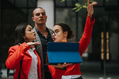 Young business entrepreneurs in a meeting discussing project progress and strategy outdoorsの写真素材